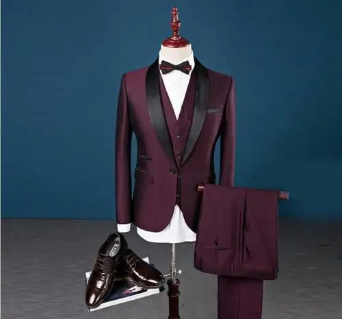 Приталенный мужской костюм 3 шт. бордовый черный смокинг с лацканами 38 40 42 44 46+ на заказ