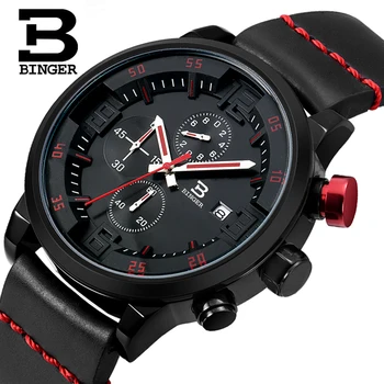 

BINGER Mens Watches Top Luxury Brand Waterproof Sport Wrist Watch Chronograph Quartz Military Genuine Leather Relogio Masculino