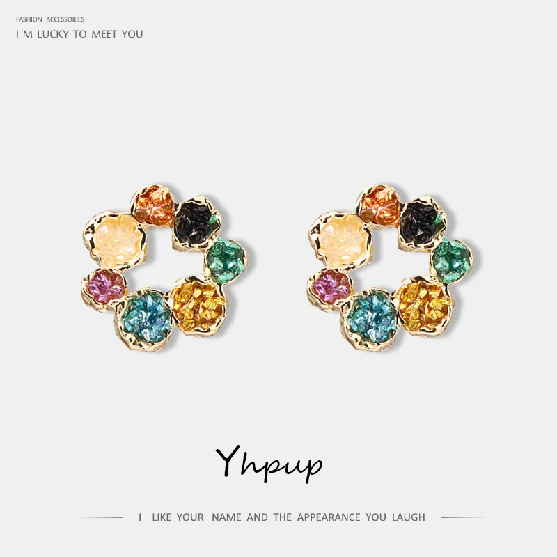 Yhpup Trendy Korean Flower Geometric Stud Earrings Natural Colorful Crushed Stone S925 Brincos for Girl Women Party Jewelry Gift