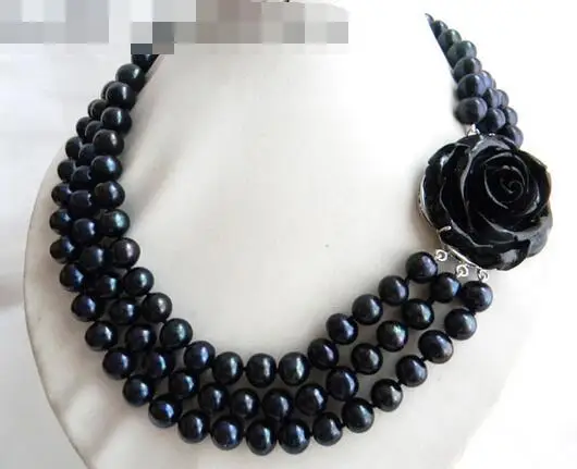

3302 3Strands Black Round Freshwater Pearl Necklace