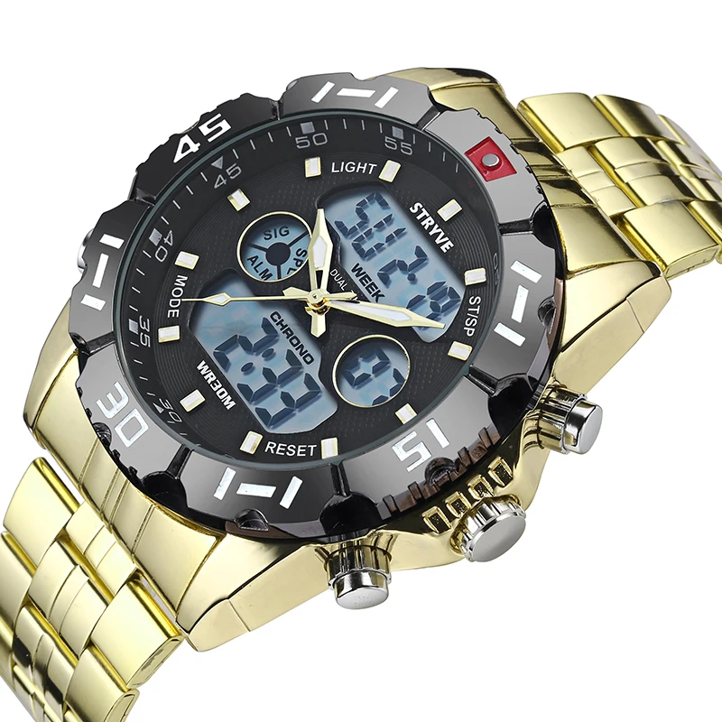 Stryve 8011 Luxury Brand Waterproof Military Sport Watches Men Stainless Steel Digital Quartz Dual Display Watch montre homme photo