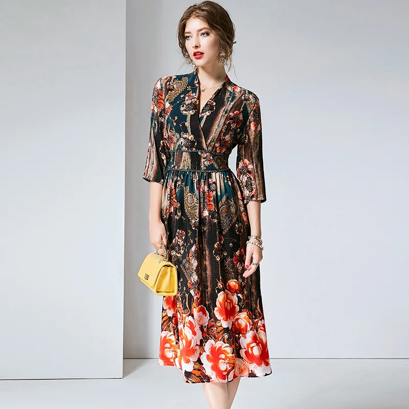 

Printed Dress Women Luxury Vintage Real Silk 100% A-line Dresses V-neck Three Quarter Sleeved Fashion Mid Dresses R10592