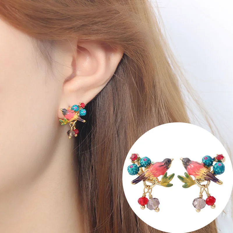 

Enamel Glaze Lovely Bird Flower Cactus Stud Earring Elegant Romantic Sweet Earrings For Women Fashion Jewelry New