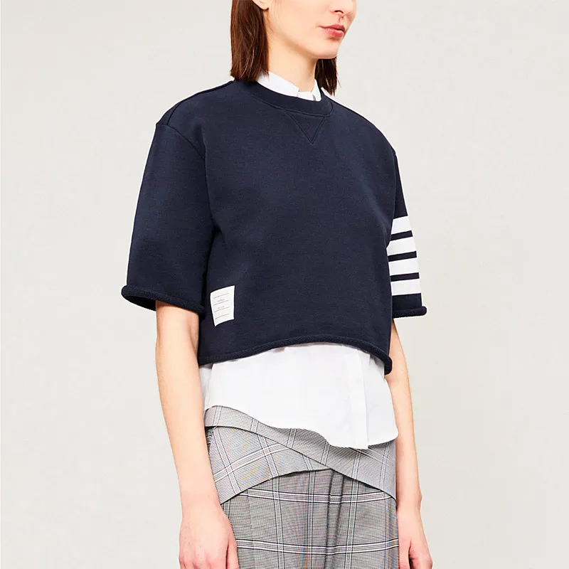 

2019 Fashion TB THOM Brand Short T-Shirt Women Loose Sport Clothing Hip Hop Half Sleeve Summer O-neck Striped Cotton Shirts