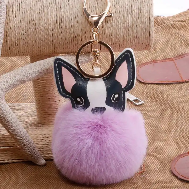 Cute Soft Pompom French Bulldog Plush Keychains Toy PU Leather Cartoon Animal Dog Fluffy Doll