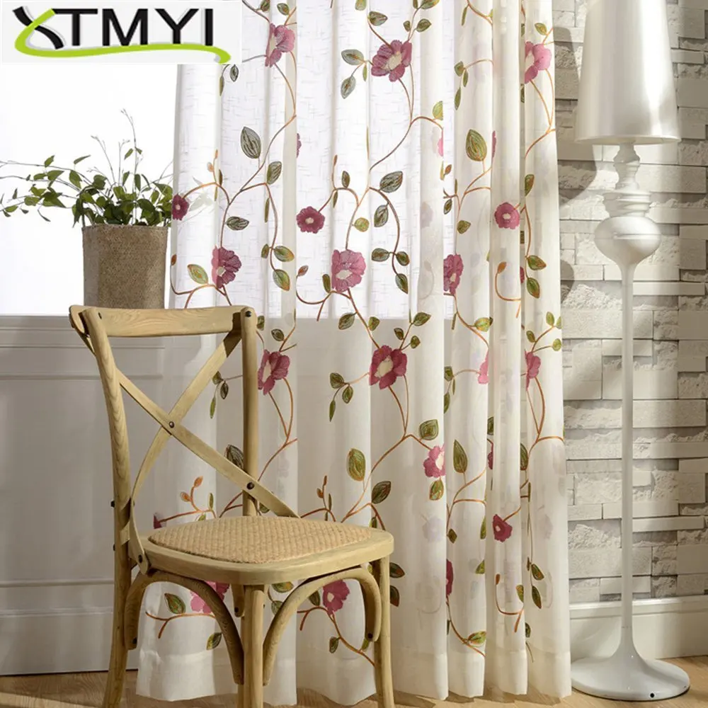 Rosa Azul Rojo flor Cortina de hilo de algodón bordado Cortinas para sala Cortinas Tulle Cortina Rosa Azul Rojo flor Cortina de hilo de algodón bordado Cortinas para sala Cortinas Tulle Cortina