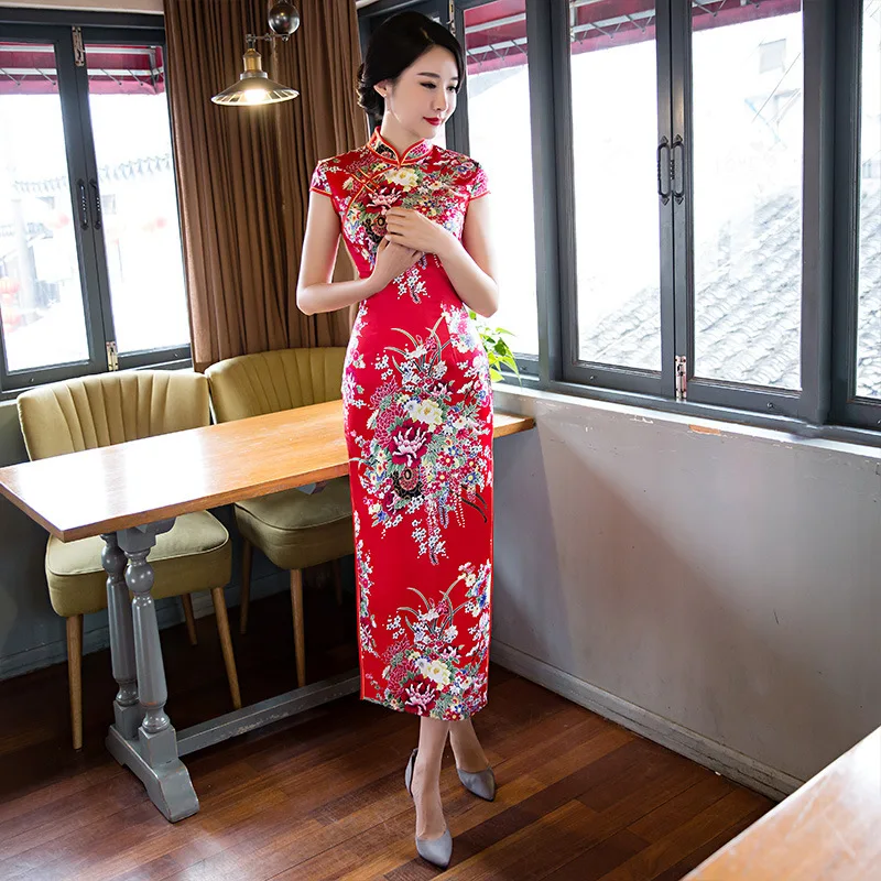 2018 Red Cheongsam Sexy Long Qipao Women Traditional Chinese Dress 