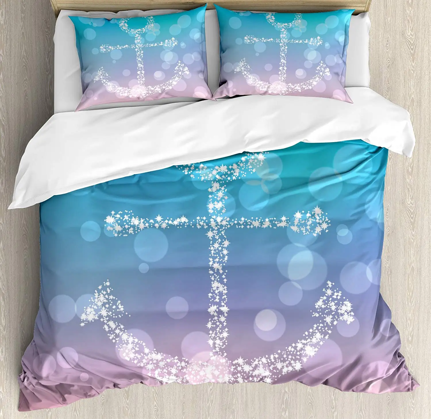 

Anchor Decor Duvet Cover Set Starry Fairy Anchor Bubbles Gradient Blurry Scenery Bokeh Marine Element Artprint Bedding Set
