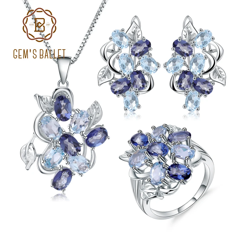 

GEM'S BALLET Natural Sky Blue Topaz Mystic Quartz Classic Jewelry 925 Sterling Silver Leaves Ring Earrings Pendant Set For Women