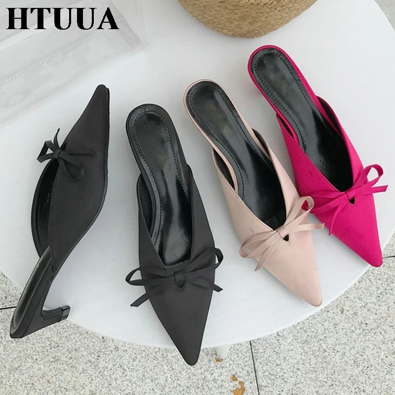 

HTUUA Designer Silk Bow Mules Heels Women Slippers 2019 Spring Summer Pointed Toe Slides Ladies Shoes Woman Loafer Mule SX2808