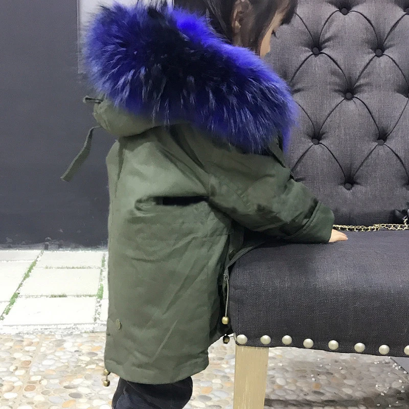 ArmyGreen/зимнее Детское пальто с подкладкой из лисьего меха; яркие теплые толстые парки для маленьких мальчиков и девочек; детская куртка с воротником из меха енота
