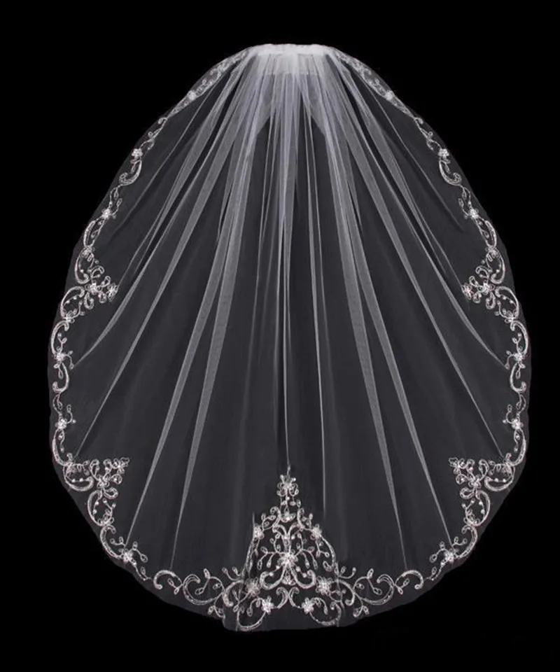 

New Arrival One Layer Embroidered Fingertip Wedding Veils Beads Edge Tulle Sequined Bridal Veil For Bride