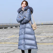 Зимнее 90% белое пуховое пальто для женщин, толстые теплые куртки с капюшоном, большой натуральный Лисий мех, тонкий женский длинный пуховик, парка, пальто