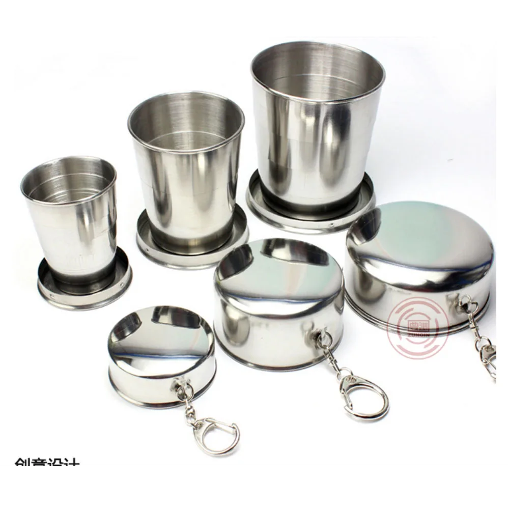 Camping Mug Folding Cup With Keychain Stainless Steel Traveling Outdoor Bottel Telescopic Collapsible Cups Supplies Top Selling