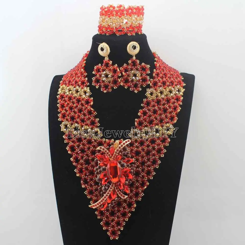 

Surprising Chunky Statement Bib Red Indian Bridal Women Jewelry Set African Necklace Set for Wedding Free shipping HD8202