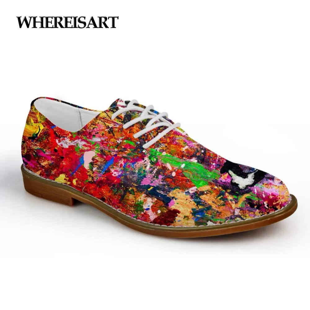 

WHEREISART Teenagers Casual Oxfords Shoes Hand Painted Oil Painting Print Women Leather PU Business Dress Shoe Lace Loafers Boys