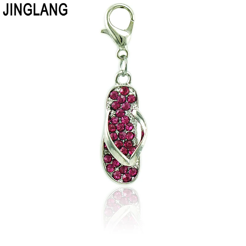 JINGLANG Silver Color Charms Dangle Pink Rhinestone Slipper Pendants With Lobster Clasp DIY Charm For Jewelry Accessories | Украшения и
