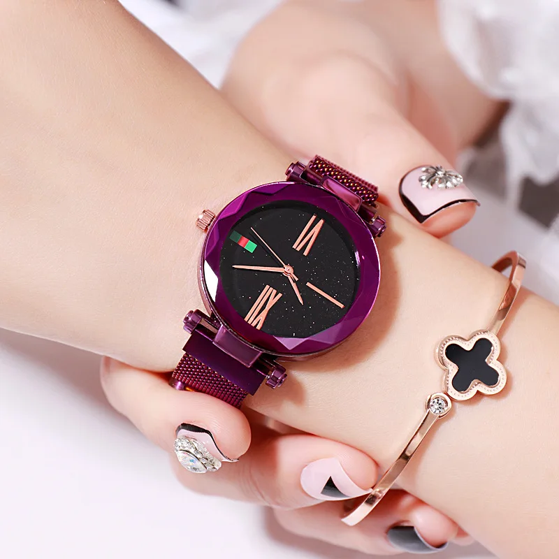 

2019 New Luxury Women Watches Fashion Elegant Magnet Buckle Purple Ladies Wristwatch Starry Sky Roman Numeral Gift Clock Hodinky