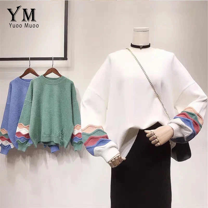

YuooMuoo Korean Fashion Ladies Full Sleeve Women Knitted Sweater 2019 Chic Rainbow Puff Sleeve Pullover Loose Sweater Winter Top
