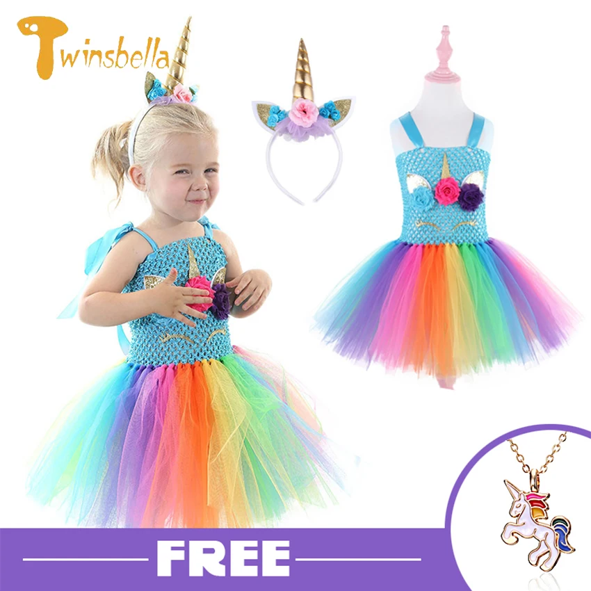 Pink Rainbow Princess Girls Birthday Party Dress Tulle Girls Unicorn Dress Children Kids Halloween Unicorn Costume 3 6 8 10 12T