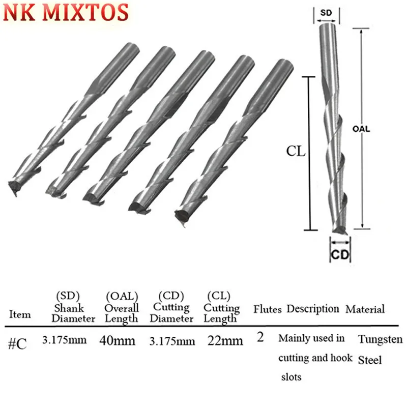 NK MIXTOS 1 шт. 1/8 'Ɖ 175 мм Карбид CNC двойные две флейты спиральные биты Концевая