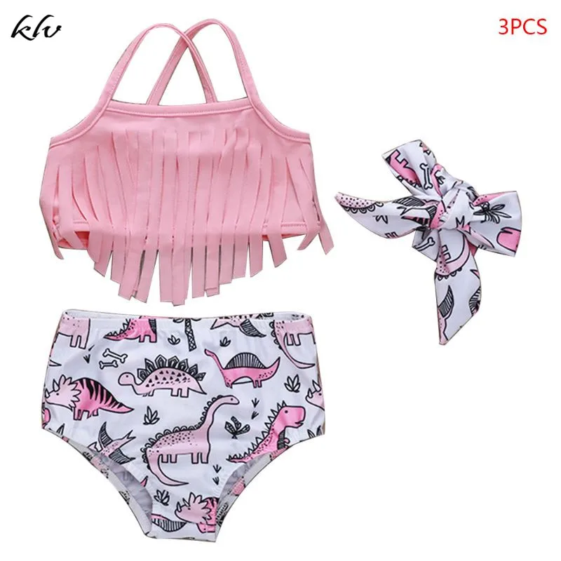 3 шт./компл. Для детей купальник с кисточками на бретельках милый маленький динозавр печати слитные купальники для девочек морской плавательный бассейн комплект одежды