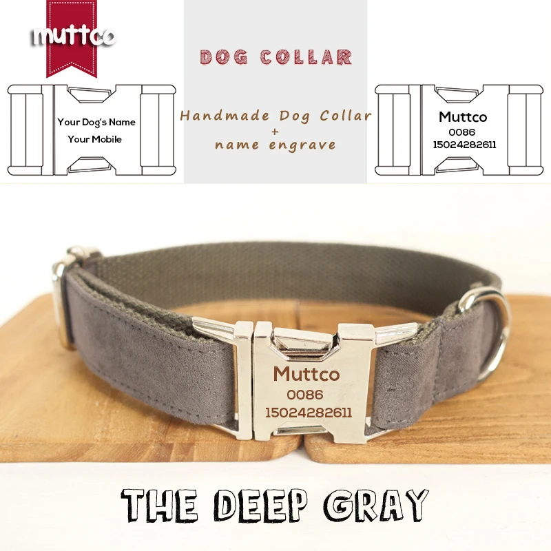 

MUTTCO Engraved dog collar retailing handmade collar THE DEEP GRAY poly satin and nylon Grey dog collar and leash 5 sizes UDC025