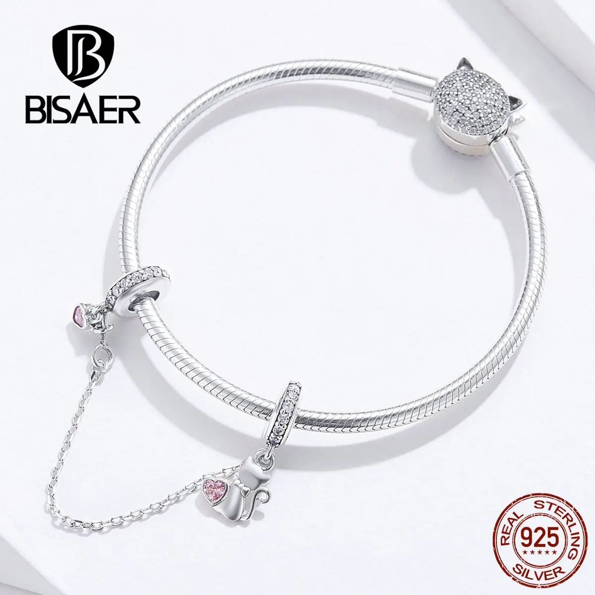 BISAER Cat Charms 925 Sterling Silver Cat Kitten Pussy Safety Chain Beads fit for Charm Bracelets Silver 925 Jewelry ECC1233