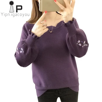 

Turtleneck Embroidery Pullover Knitted Sweater Women Big size Puff Sleeve Warm Knitwear Tops Autumn Harajuku Knit Sweater Female