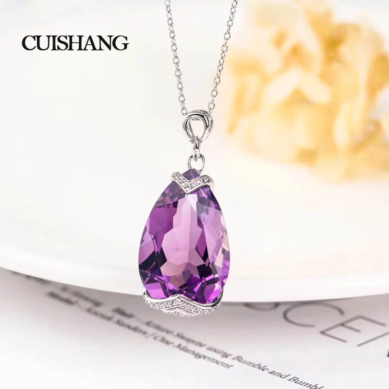

CSJ 925 Sterling Silver pendant for Women Purple Natural Amethyst Wedding Engagement Fine Jewelry Party Valentines gift