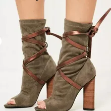 Высокое качество женские модные туфли с открытым носком на шнуровке из замши толстый каблук Гладиатор Сапоги Супер высокие ботильоны на толстом каблуке