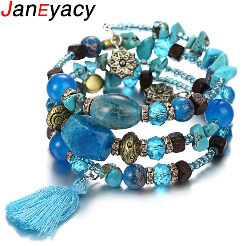 

Janeyacy Vintage Tassel Resin Stone Bracelets Womens Ethnic Multilayer Beads Bracelet Bohemian Women's Bracelet Jewelry Pulsera
