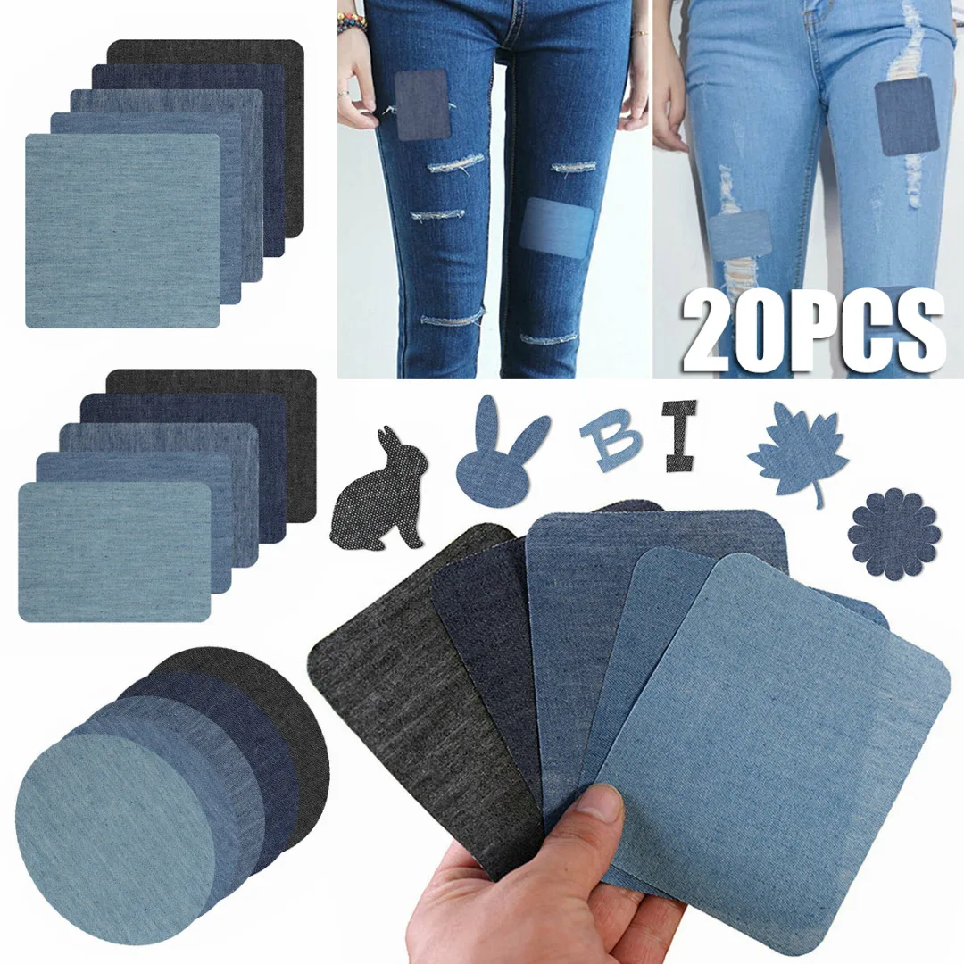 20pcs Iron On Denim Patches 5 Colors + Sewing Kit For Mending Embellishing Jeans Bag Hat Repair Decor Design