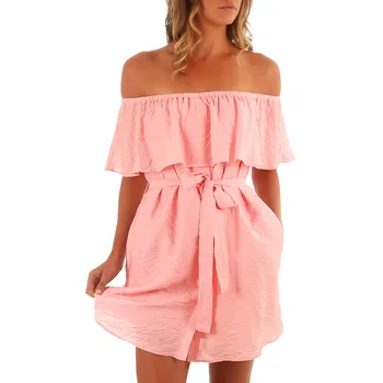 

Women Dress A Line Casual Off Shoulder Pop Print Short Mini Dress Solid Sundress With Belt Slash Neck Bohemian ALine