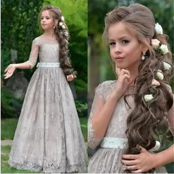 

New Gray Soft Lace Flower Girl Dress For Country Garden Weddings With Appliques Mesh Prom Dress Girls Pageant Gowns Custom Made