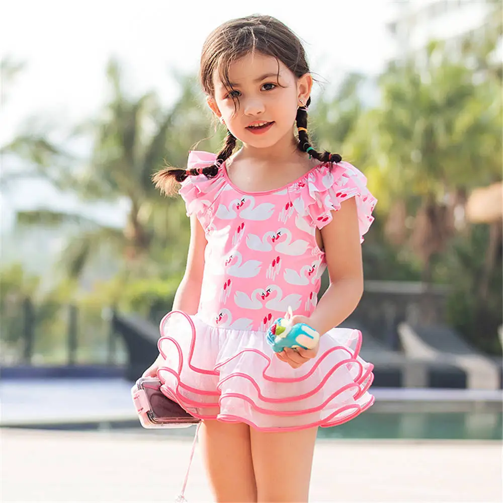 Lace One Piece Swimsuit For Girls Animal Print Children Swimwear Child Ruffle Swim Suit Kids Skirt Bathing Suit 2-14 Year Beach