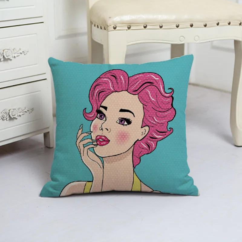Zara*Women Linen Printed Fashion Curly Hair Girl Cushion Cover 45x45cm Shopping Throw Pillow Covers Gifts For Girlfriend Bedroom