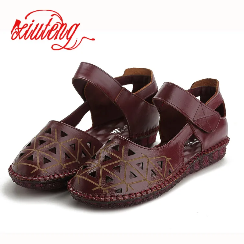 Xiuteng/женские сандалии из натуральной кожи; дышащие сандалии с отверстиями; износостойкие Летние вьетнамки; шлепанцы; обувь на плоской подошве - Цвет: 9902-purple