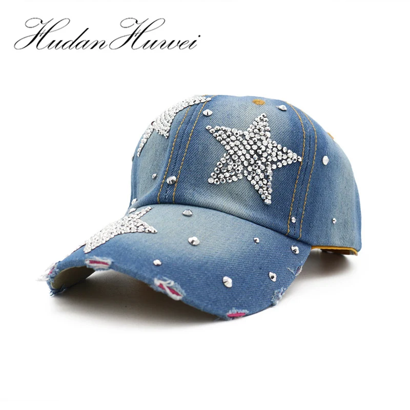 Women Denim Baseball Caps with Diamond Decoration for Fashion Ladies