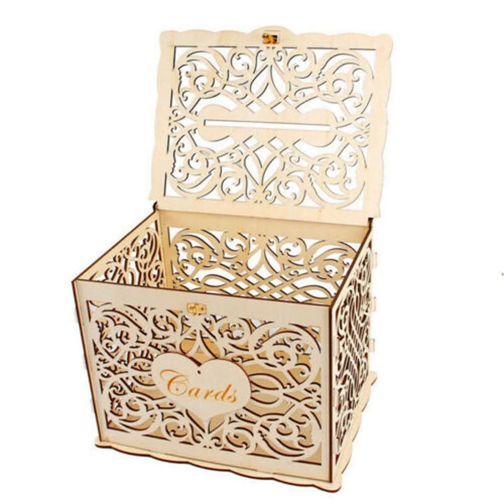 DIY деревянная коробка свадебный пост коллекция Подарочная полая коробка для карт с замком украшение
