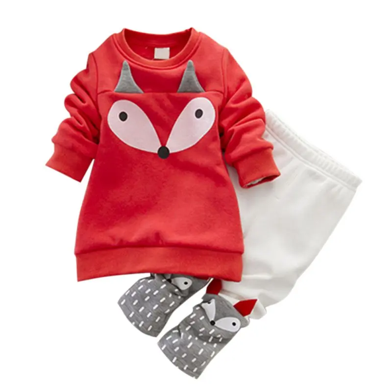 

2pcs/SetsCute Boys&Girls Suits Winter Fashion Small Cartoon Fox Cotton Thick Velvet Long-sleeved Sweater + Trousers for 1-4Y Ch