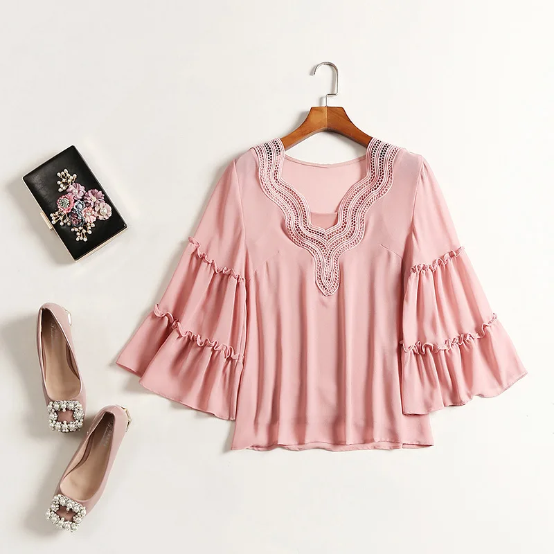 Women Three Quarter Flare Sleeve Blouse Temperament Ladies Chiffon ...