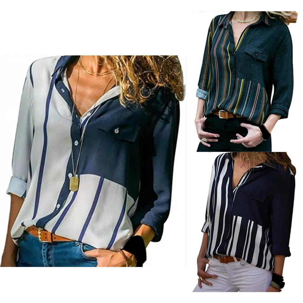 Autumn  Women Shirt Stripe Printed  Single Breasted Top Long Sleeve Daily Attractive Elegant Tops Fashion Office Lady Blouse