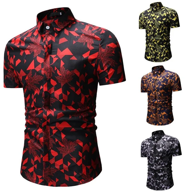 

Men's Summer Print Turn-Down Collar Slim Fit Short Sleeve Top Shirt Blouse