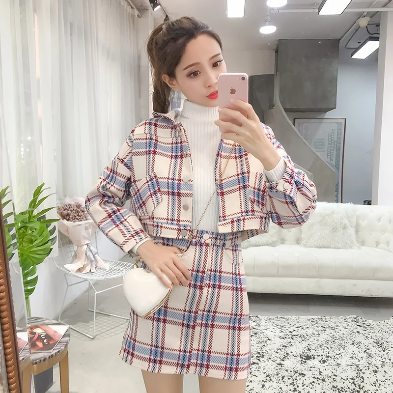 

Autumn Elegant Office Ladies OL Short Plaid Jacket Coat woolen coat+skirts sets Womens tweed jacket Coat Skirt Suit Two Sets