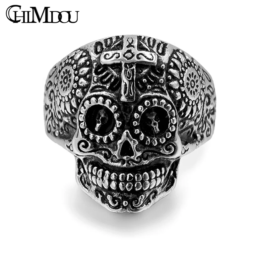 

CHIMDOU religious cross street-hiphop gothic skulls rings For Man Stainless Steel Punk Rock Male Halloween Party Ring