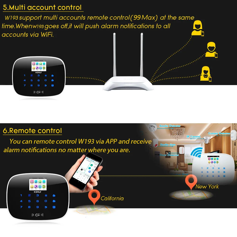KERUI nuevo W193 inalámbrico 3G WIFI PSTN GSM inteligente hogar sistema de alarma antirrobo de seguridad juegos APP Control remoto táctil pantalla de alarma
