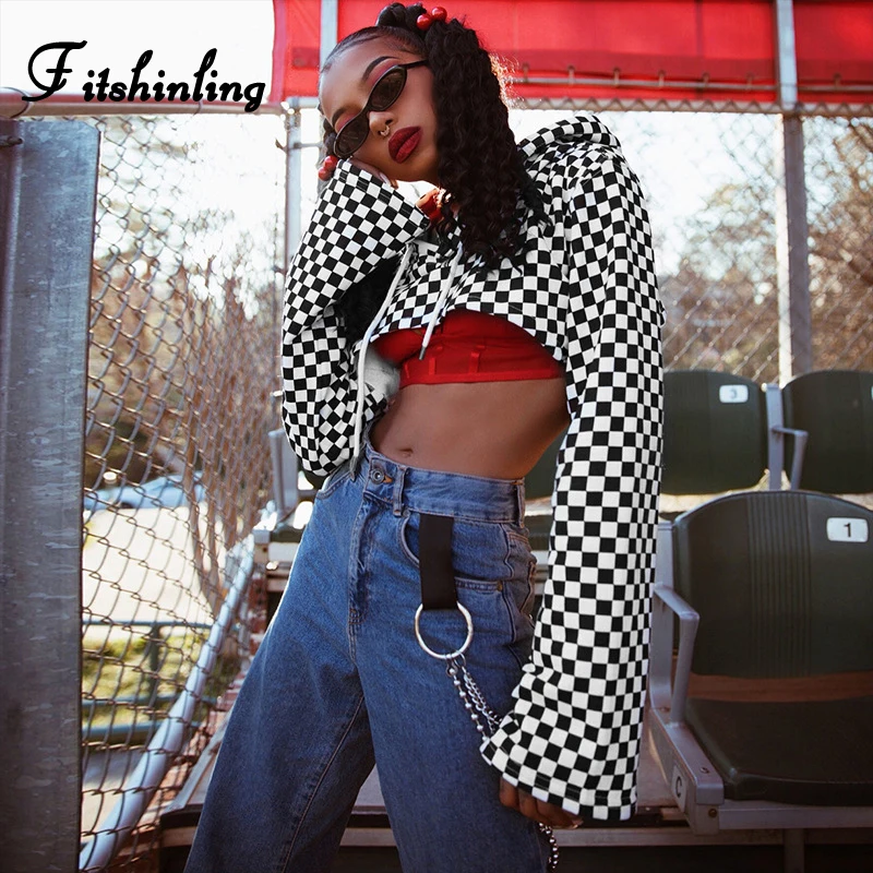 

Fitshinling Checkerboard crop top hoodie 2018 fashion flare sleeve plaid hoody hip pop cotton women's hoodies sweatshirts autumn