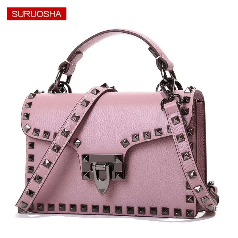 Luxury Designer Women Fashion Rivet Shoulder Bag Genuine Leather Handbags Ladies Tote Bags Female Black Rivet Shoulder Bag