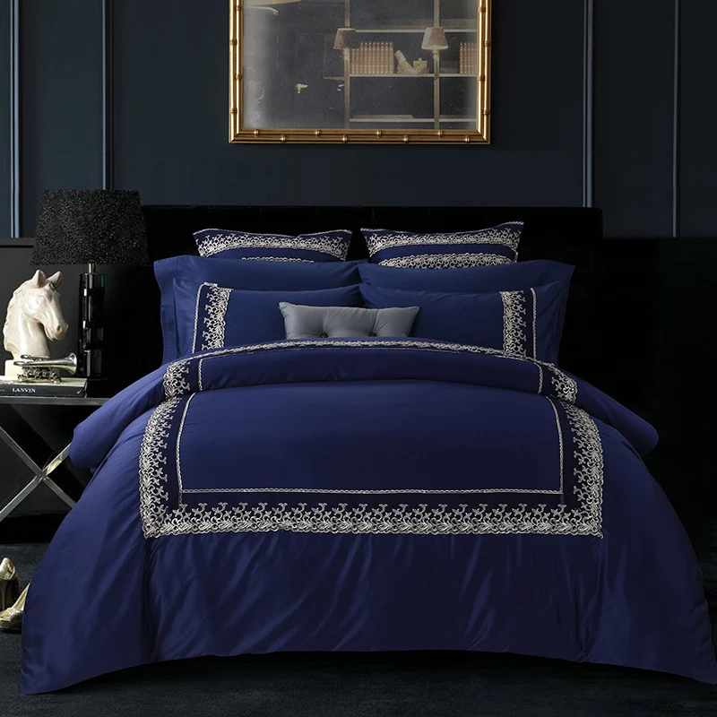 top grade luxury silk feel royal blue embroidered cotton european style